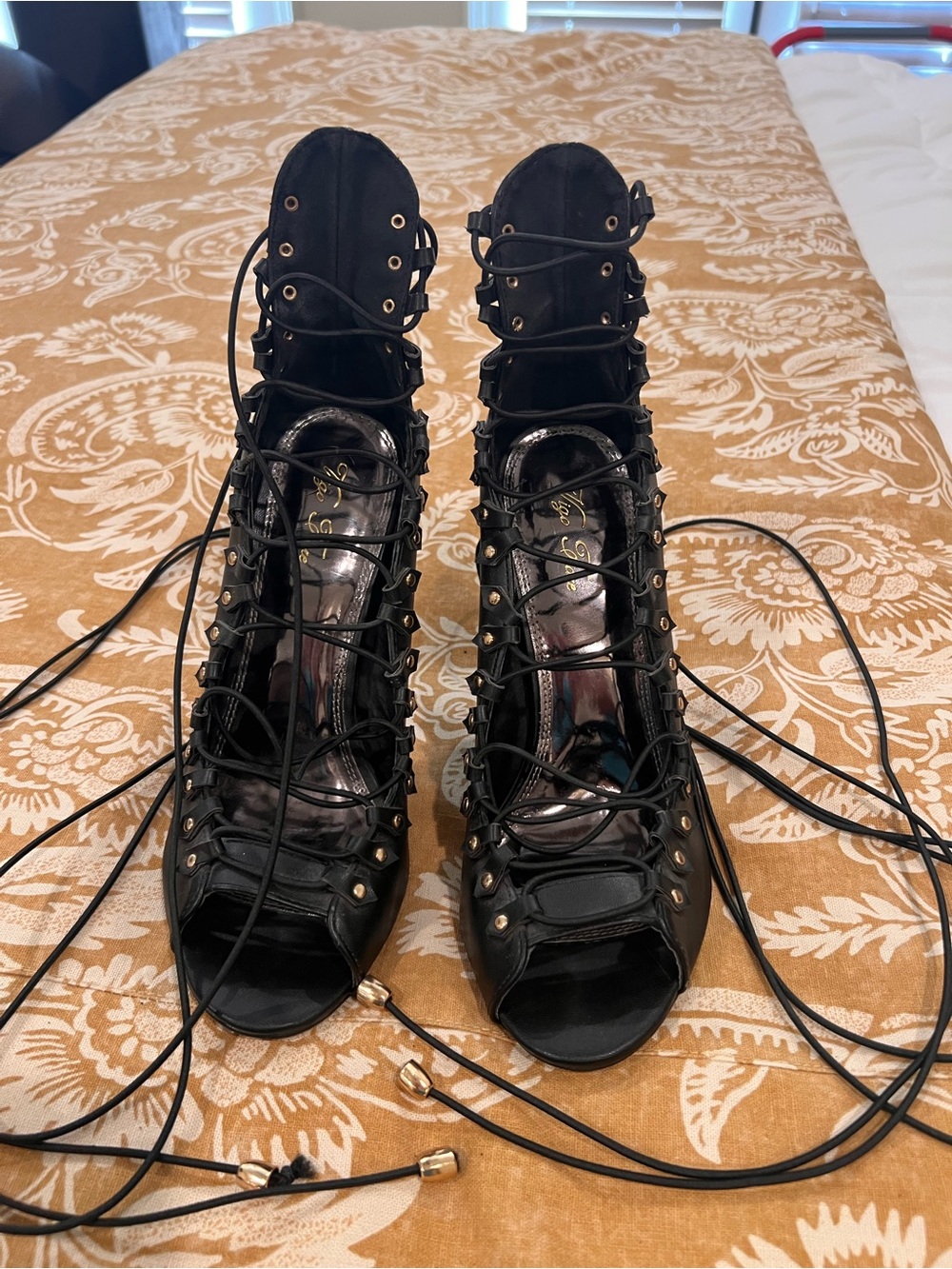 Black Lace-Up Peep Toe High Heels with Eyelet Detail